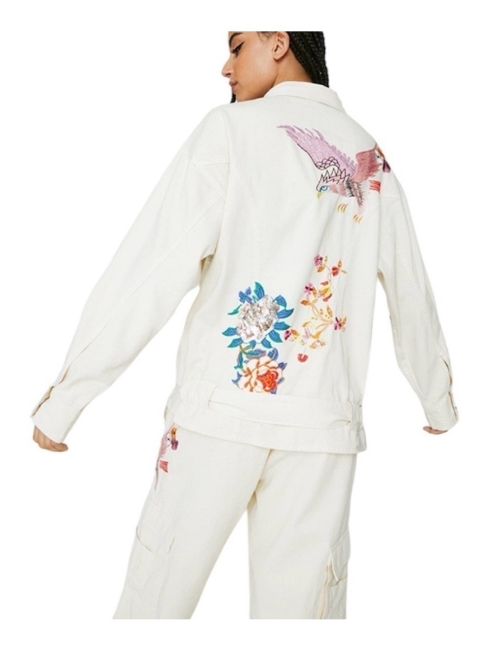 Nasty Gal White Embroidered Denim Jacket with Colorful Floral & Bird Motifs